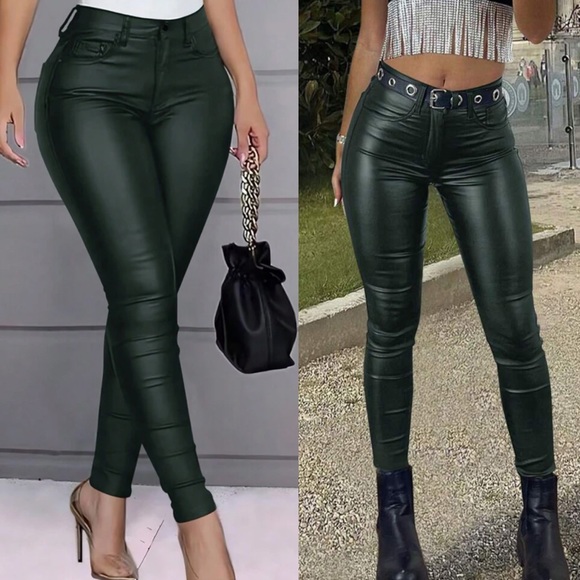 Sexy khaki thermal sherpa lined vegan leather pants - Picture 7 of 16